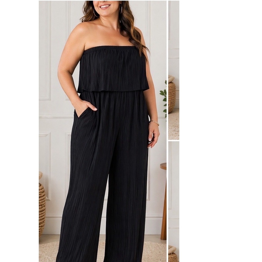 Love Poem by Block Black Strapless Pleated Wide Leg Jumpsuit‎ XL Popover Pockets